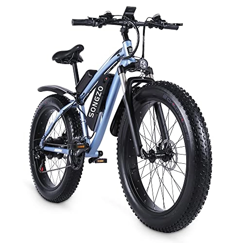 Bicicletas eléctrica : SONGZO Bici elettrica per adulti Bici elettrica per pneumatici Grassi da 26 pollici con batteria al Litio 48V17AH, 3 × 7 Leve del Cambio e Paddle Shimano