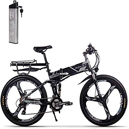 Bicicletas eléctrica : SUFUL Bicicleta Elctrica Plegable Rich bit TOP-860 26 Pulgadas 36V 250W 12.8Ah Bicicleta de Ciudad de Suspensin Completa Bicicleta de Montaa Plegable Elctrica (Negro Gris)