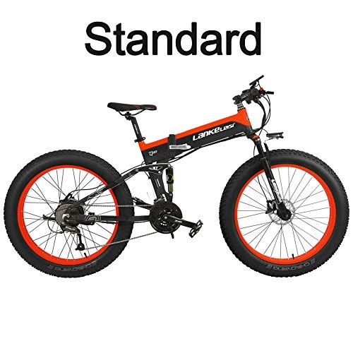 Bicicletas eléctrica : T750Plus 27 Speed 26*4.0 Fat bicicleta elctrica plegable 1000W 48V 10Ah batera de litio oculta, suspensin completa de la bicicleta de nieve (Negro Rojo, 1000W Standard+ 1 Batera ahorrada)