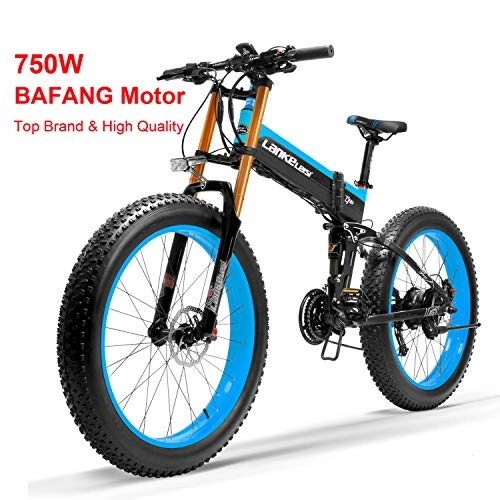 Bicicletas eléctrica : T750Plus bicicleta de elctrica, bicicleta de nieve con sensor de asistencia a pedales de 5 niveles, batera de ion de litio de 48V 14.5Ah, mejorada a la horquilla de bajada (Black Blue-BF, 750W)