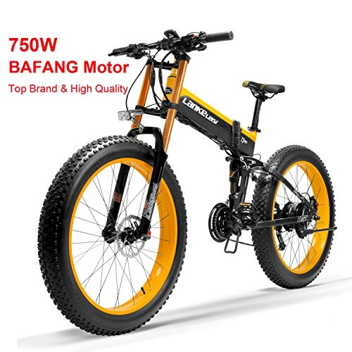 Bicicletas eléctrica : T750Plus bicicleta de elctrica, bicicleta de nieve con sensor de asistencia a pedales de 5 niveles, batera de ion de litio de 48V 14.5Ah, mejorada a la horquilla de bajada (Black Yellow-BF, 750W)