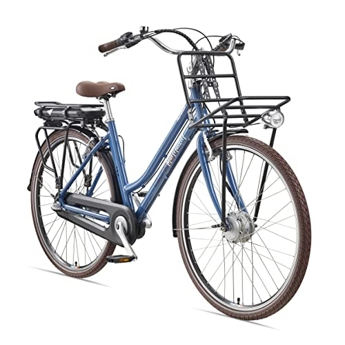 Bicicletas eléctrica : Telefunken Bicicleta eléctrica de aluminio de 28 pulgadas con cambio de buje Shimano de 3 marchas, Retro Pedelec Citybike con portaequipajes trasero y delantero, motor delantero de 250 W y 10, 4 Ah,