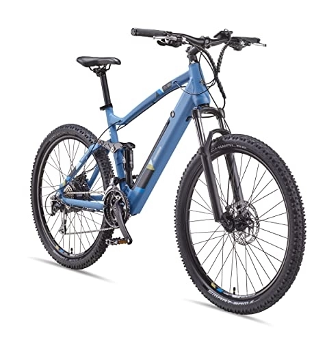 Bicicletas eléctrica : Telefunken Bicicleta eléctrica de montaña de aluminio, 27 velocidades Shimano Altus Cambio de cadena – Pedelec MTB 27, 5 pulgadas, motor de rueda trasera, 250 W, frenos de disco, azul, ascensor M935