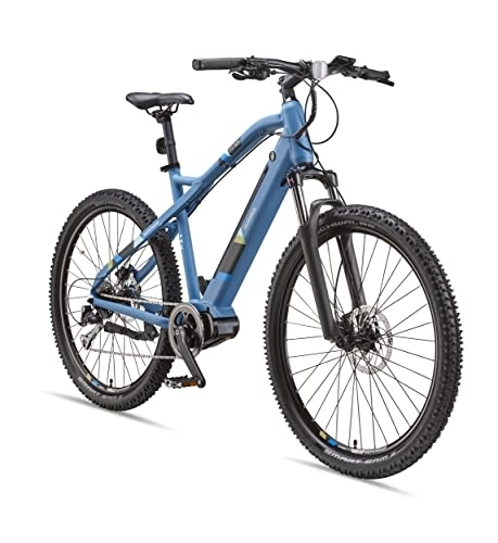 Bicicletas eléctrica : TELEFUNKEN Bicicleta eléctrica de montaña eléctrica de aluminio, 8 marchas, cambio Shimano Alivio – Pedelec MTB 27, 5 pulgadas, motor central, 250 W, frenos de disco, azul, M925