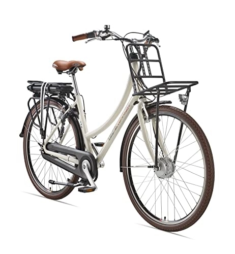 Bicicletas eléctrica : TELEFUNKEN Bicicleta eléctrica eléctrica de aluminio de 28 pulgadas con cambio de buje Shimano de 7 marchas, bicicleta de ciudad retro Pedelec con portaequipajes trasero y delantero, motor frontal de