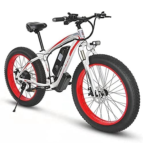 Bicicletas eléctrica : TERLEIA Bicicleta Eléctrica Ebike De Montaña De 21 Velocidades 26" E-Bike Fat Tire para Adultos Frenos De Disco Delanteros Y Traseros Batería De Litio, White Red, 48V 10Ah