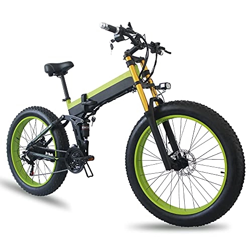 Bicicletas eléctrica : TGHY Bicicleta de Montaña Eléctrica Bicicleta Eléctrica Plegable de 1000W 21 Velocidades Neumático de 26" Fat Descenso Eléctrica Suspensión Completa Asistencia de Pedal Bicicleta de Nieve, Verde