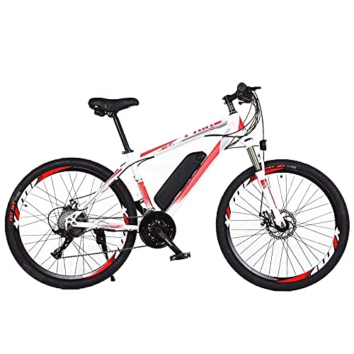 Bicicletas eléctrica : TGHY Bicicleta de Montaña Eléctrica de 26" 250W con Batería de Iones de Litio Extraíble de 36V 10Ah para Hombres Adultos Alcance de 50km 27 Velocidades Freno de Disco Doble, White & Red