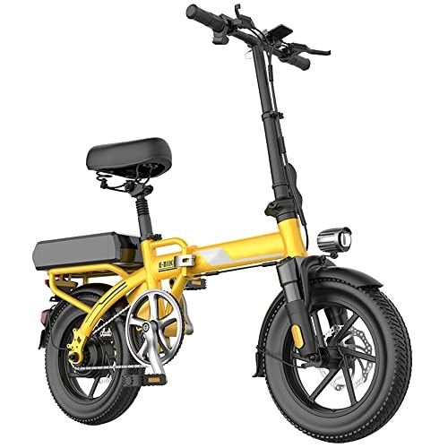 Bicicletas eléctrica : TGHY Bicicleta Eléctrica Plegable Bicicleta Urbana de 14 Pulgadas 25km / h Alcance de 40km Asistencia de Pedal Motor de 250W Batería Extraíble de 48V 15Ah Freno de Disco Doble, Amarillo