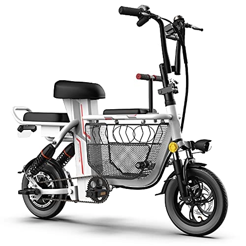 Bicicletas eléctrica : TGHY Bicicleta Eléctrica Plegable E-Bike de 12" 350W para Adultos Canasta de Gran Capacidad para Compras Familiares 3 Asientos para Bebés Y Niños Batería de 48V Amortiguadores Duales, Blanco, 55km