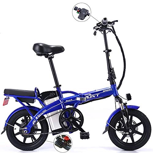 Bicicletas eléctrica : TIANQING Mini Coche elctrico Plegable, Motor de Alta Velocidad sin Cola 48 V / 20 Ah 250 W con batera de Litio elctrica para Bicicleta y Freno de Disco Doble, Azul, 10 A