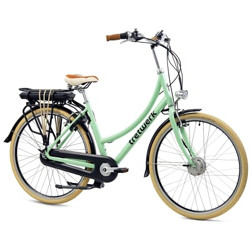Bicicletas eléctrica : Tretwerk Aurora - Bicicleta eléctrica de 28 pulgadas para mujer, con cambio de buje Shimano de 7 marchas, con motor delantero de 250 W, 36 V, 468 Wh, 40 Nm, verde menta, 50 cm
