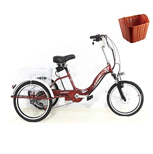 Bicicletas eléctrica : Triciclo eléctrico Bicicletas de 3 Ruedas para Adultos Damas de 20"con cestas para la Compra Bicicleta de Iones de Litio 48V / 12AH / 250W Transporte de Ocio Salidas asistidas Iluminación LED Rojo