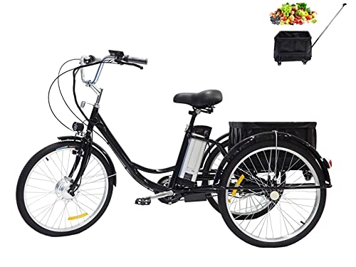 Bicicletas eléctrica : Triciclo eléctrico para adultos bicicleta de 3 ruedas batería de litio de 24 '' 36V12A con canasta trasera, canasta desmontable con ruedas, regalos push-pull para padres para ancianos (negro, 36V12AH)