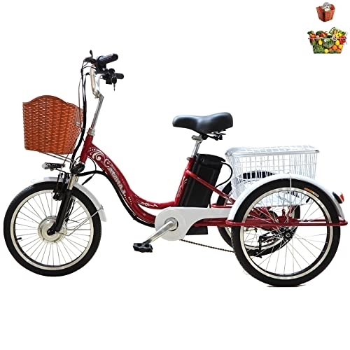 Bicicletas eléctrica : Triciclo eléctrico para adultos de 20 pulgadas, bicicleta de 3 ruedas para mujer, cesta de gran tamaño con tapa, batería de litio extraíble 48V12AH, carga máxima de 350 libras, rojo