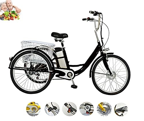 Bicicletas eléctrica : Triciclo eléctrico para Adultos, Triciclo asistido por energía, Mano de Obra, Marco de Acero con Alto Contenido de Carbono de 24 Pulgadas, batería de Litio, 3 Ruedas con Canasta ampliada