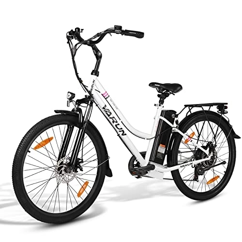 Bicicletas eléctrica : VARUN 26'' Bicicleta Eléctrica Shimano 7 Velocidades Pedelec Bicicleta de Ciudad con 250W Motor 36V 10.4AH Batería de Iones de Litio, Bici Eléctrica con 3 Modos de Conducción （Blanco）