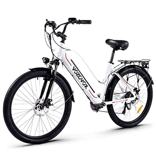Bicicletas eléctrica : VOZCVOX Bicicletas eléctricas 26“ Hombres y Mujeres Urbanas Ebikes Electrica con Batería Extraíble de 48V 9.6Ah, Shimano 7vel, LCD Dispaly (Blanco)