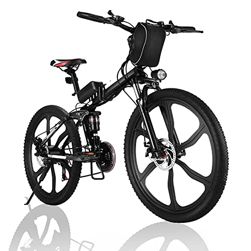 Bicicletas eléctrica : Winice Bicicleta Eléctrica Bicicleta Plegable de 26 Pulgadas, Bicicleta de Montaña Eléctrica con Batería de Litio Extraíble de 36 v 8 Ah, Shimano de 21 Velocidades (Ruedas integradas - Negro)