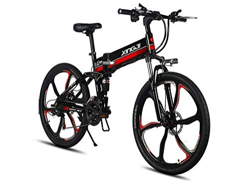 Bicicletas eléctrica : XINGJI Bicicleta eléctrica Plegable de 26 '' (48V 350W 12AH) LCD Integrado Seis Cuchillos Magnesio Aleación de una Sola Rueda Control Remoto Inteligente Engranaje de 21 velocidades (Rojo)