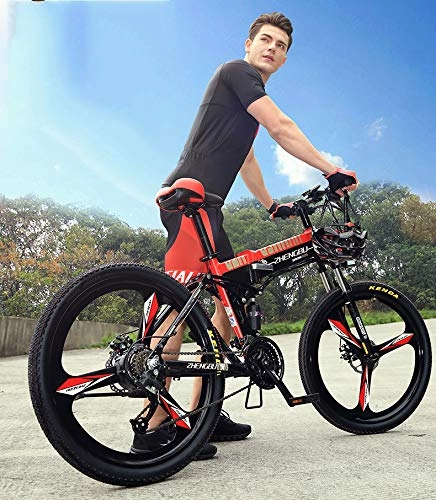 Bicicletas eléctrica : XTD - Bicicleta eléctrica plegable de montaña de 26 pulgadas para adultos con doble freno de disco y suspensión completa (90 km 48 V 14, 5 Ah 400 W) con contador LED inteligente, 27 velocidades A