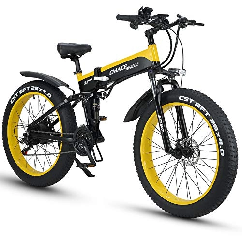 Bicicletas eléctrica : XXCY X26 1000w Bicicleta Hbrida Elctrica 26 Pulgadas Fat Bike 48v 12.8ah Moto De Nieve Plegable Ebike (Amarillo)