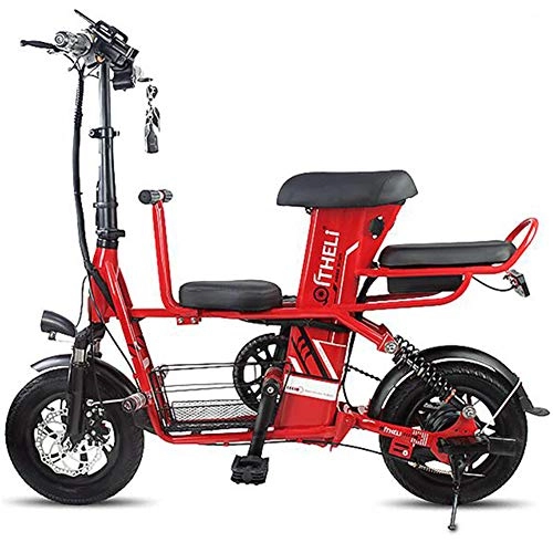 Bicicletas eléctrica : ZBB Bicicleta eléctrica Ruedas de 12 Pulgadas Material de Acero de Alto Carbono al manganeso Bicicleta eléctrica Plegable portátil para Adultos Batería de Iones de Litio de 48 V, Rojo, 75to90KM