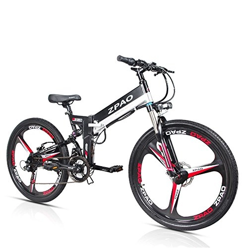 Bicicletas eléctrica : ZPAO KB26 Bicicleta Plegable de 26 Pulgadas, 21 velocidades, batería de Litio de 350W 48V 10.4Ah, Asistente de Pedales de 5 Niveles, Horquilla de suspensión (Negro, Plus 1 Batería de Repuesto)