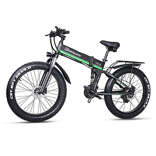 Bicicletas eléctrica : ZWHDS Bicicleta eléctrica - 48V E-Bicicleta Tinta de Grasa 1000W Motor sin escobillas Scooter Plegable Adulto Bicicleta Litio Batería Montaña Nieve Ebike (Color : Green)