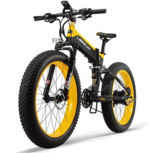 Bicicletas eléctrica : ZZQ 26 '' Fat de Ruedas Plegable Bicicleta eléctrica de 48V 13Ah 27 Velocidad de suspensión Completo de la Nieve de la montaña de Doble Disco hidráulico de Frenos, Amarillo