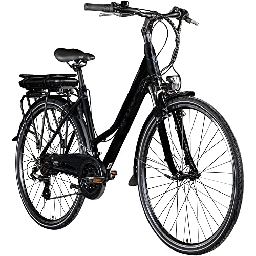Bicicletas eléctrica : ZÜNDAPP Z802 - Bicicleta eléctrica de trekking para mujer, 155 - 185 cm, 21 velocidades, hasta 115 km, 28 pulgadas, con iluminación y pantalla LED, color negro y gris, 48 cm