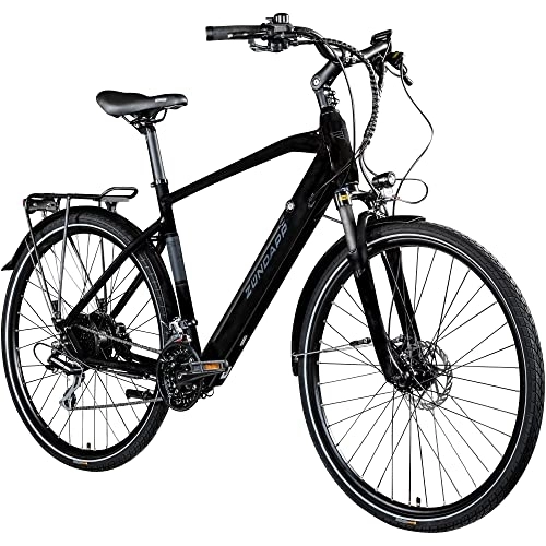 Bicicletas eléctrica : ZÜNDAPP Z810 E - Bicicleta eléctrica de trekking para hombre a partir de 160 cm, 24 marchas, 28 pulgadas, con frenos de disco, Pedelec 700c, con iluminación StVO y velocímetro (negro / gris, 52 cm)