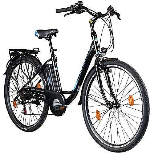 Bicicletas eléctrica : Zündapp Bicicleta eléctrica para mujer Z505 E de 28 pulgadas para mujer, con 6 marchas, bicicleta eléctrica para ciudad, holandesa, pedelec, entrada baja (negro / azul, 48 cm)