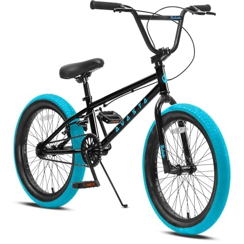BMX : AVASTA Bicicleta infantil de 18 pulgadas Freestyle BMX para 5, 6, 7, 8 años, niños y principiantes, color negro con neumáticos azules