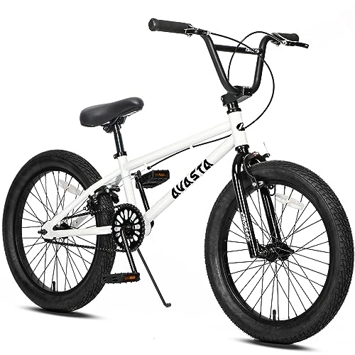 BMX : AVASTA Bicicleta infantil de 20 pulgadas Freestyle BMX para niños de 6, 7, 8, 9, 10, 11, 12, 13, 14 años, niños, niñas, jóvenes, adultos y principiantes, nivel piloto con 4 clavijas, color blanco