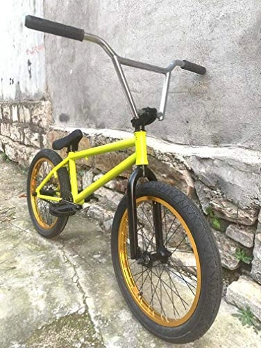BMX : Bicicleta BMX Freestyle de 20 pulgadas, cuadro de tubo de acero de alta resistencia, buje trasero de aluminio con eje de tarjeta 9T + manivela de 8 teclas + 25T, neumtico 20 X 2.3 ", amarillo
