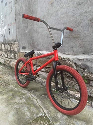 BMX : Bicicleta BMX Freestyle de 20 pulgadas, cuadro de tubo de acero de alta resistencia, buje trasero de aluminio con eje de tarjeta 9T + manivela de 8 teclas + 25T, neumtico de 20 X 2.3 ", rojo