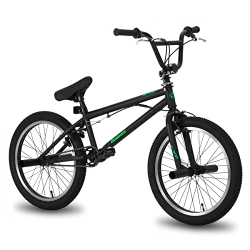BMX : Hiland Bicicleta BMX de 20 Pulgadas con Freno de Mano, Sistema de Rotor de 360°, Estilo Libre, 4 Clavijas de Acero, Rueda Libre, Color Negro para Niños y Niñas