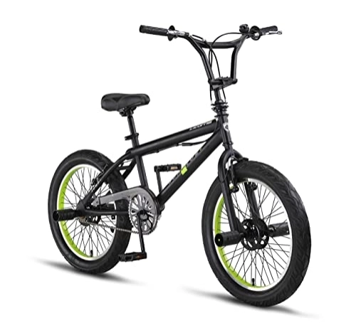 BMX : Licorne Bike Jump Plus Premium - Sistema de rotor BMX 360°, 4 clavijas de acero, protector de cadena, rueda libre (negro / lima, bicicleta de freestyle)