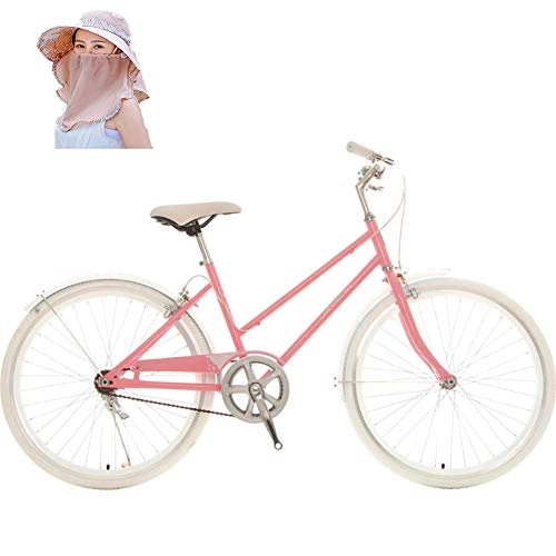 Crucero : Bicicleta de cercanas para mujeres de 24 pulgadas, cmoda bicicleta urbana de riel, marco de acero al carbono, con guardabarros y cubierta de proteccin de cadena para montar al aire libre, rosa