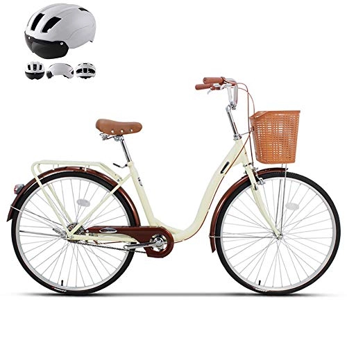 Crucero : Bicicleta de confort de 20 / 24 / 26 pulgadas, bicicleta urbana para mujeres, cuadro de acero al carbono, bicicleta de carretera con cesta delantera y asiento trasero, bicicleta clásica retro, Beige, 26in