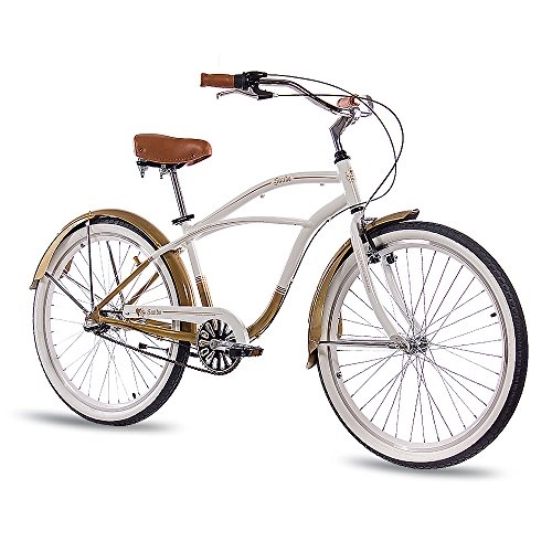 Crucero : CHRISSON Beachcruiser Sando - Bicicleta para hombre y mujer (26 pulgadas, cambio de buje Shimano Nexus de 3 marchas, para cambio de buje Shimano Nexus, estilo retro, estilo vintage), color blanco y dorado