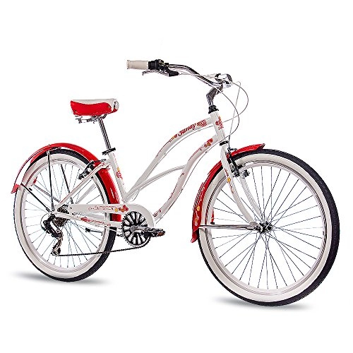 Crucero : CHRISSON - Bicicleta de playa de 26 pulgadas, color blanco y rojo con cambio de cadena Shimano Tourney de 6 velocidades, para mujer en aspecto retro, vintage Cruiser Bike