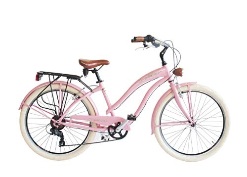 Crucero : Via Veneto Bicicleta Cruiser Mujer 26" Color Rosa | Bicicleta de Paseo Ruedas Anchas 26 Pulgadas | Bici Beach Cruiser 26", 6 Velocidades, Chasis de Aluminio, Guardabarros, Luces LED y Portaequipajes