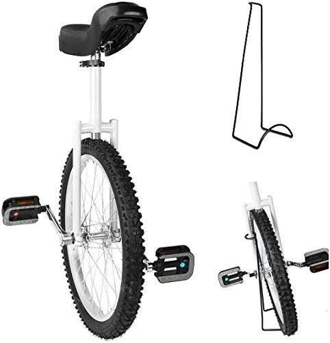Monociclo : Rueda de entrenamiento de 16 / 18 / 20 / 24 "Monociclo Ejercicio de ciclismo de equilibrio de neumático de montaña antideslizante ajustable en altura, con soporte de monociclo, Monociclo de rueda, Blanco, 24inch