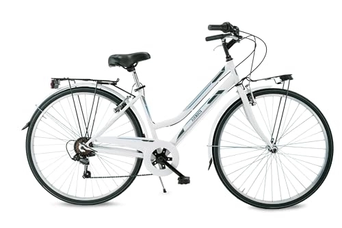 Paseo : Airbici Bicicleta de Paseo Mujer Fusion Lady 28”. Bicicleta Mujer 6 Velocidades, Cuadro de Acero, Llantas de Aluminio, Luces Led, Portaequipaje, Caballete, Cambio Shimano. (Negra) (Blanco)