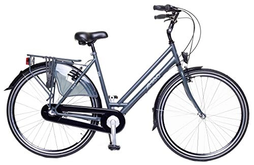 Paseo : Amigo Bright - Bicicleta de ciudad para mujer (28 pulgadas, cambio de 3 marchas Shimano, freno de mano, iluminación y soporte, color gris