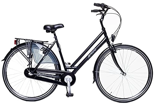 Paseo : Amigo Bright - Bicicleta de Cuidad de 28 Pulgadas para Mujeres - Adecuada para Alguien a Partir de 180-185cm - Engrenaje Shimano Nexus con 3 velocidades - con V-Brakes, iluminación y estándar - Negro