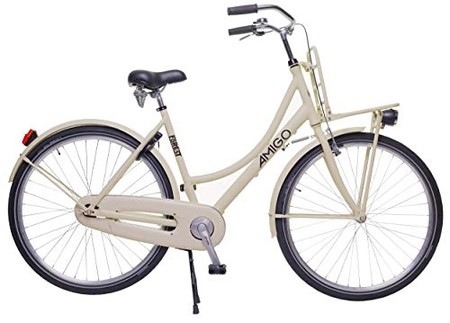Paseo : Amigo Forest - Bicicleta de ciudad para mujer de 28 pulgadas, apta a partir de 170 – 180 cm, con freno de mano, contrapedal, portaequipajes delantero, iluminación y soporte para bicicleta, color beige