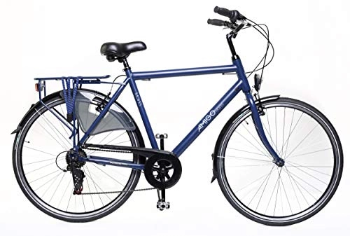 Paseo : Amigo Moves - Bicicleta de ciudad para hombre de 28 pulgadas, cambio Shimano de 6 velocidades, con freno de mano, iluminación y soporte, color azul